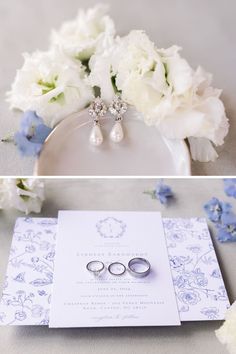 two pictures of wedding rings and flowers