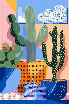 a painting of cactuses and other plants in pots