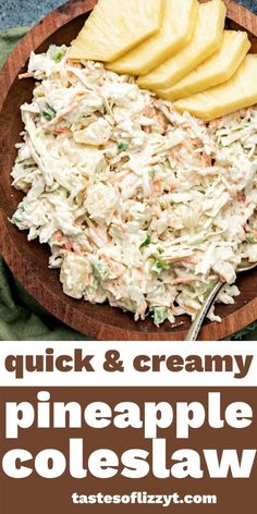 a wooden plate topped with pineapple coleslaw and sliced apples