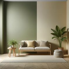 a living room with a couch, table and potted plant