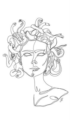 a line drawing of a woman's face with snakes on her head and eyes closed