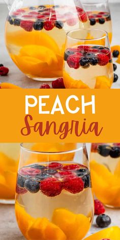 peach sangria with berries and blueberries in glasses