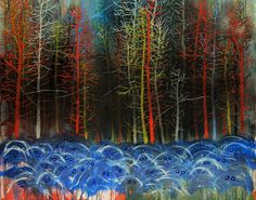 an abstract painting of trees with blue and red colors