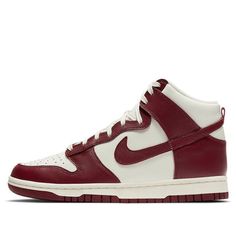 This Nike Dunk High “Team Red” features a Light Cream leather upper with Team Red overlays. Underneath, the same material is layered in white, matching that of the tongue as well as the lining but not the midsole and laces which prefer a more vintage-akin “Sail.” (SNKR/Skate/Women's/High Top/Wear-resistant) Nike Leather High-top Sneakers In University Red, Nike Leather High-top Sneakers With Red Sole, Classic Red High-top Sneakers With Red Sole, Nike Dunks High, Maroon Nike, Nike Fashion Shoes, Team Red, Dunk High, Nike Dunk High