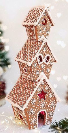 a gingerbread house is shown in the snow