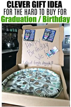 a birthday cake in a box with the words clever gift idea for the hard to buy for graduation / birthday