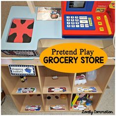 a pretend play grocery store with toys on the shelves and an open bookcase that says pretend play grocery store