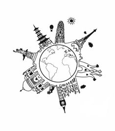 the earth is surrounded by buildings and other things in black ink on a white background