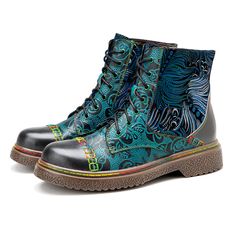 Bohemian Boots, Low Heel Ankle Boots, Malachite Green, Rough Heels, Studded Ankle Boots, Comfortable Flats, Flat Boots, Thick Heels, Leather Flats