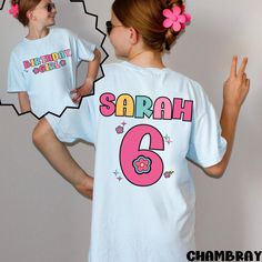 6th Birthday Shirt, Custom 6th Birthday Shirt, Kids Comfort Colors Shirt, Six Year Old Birthday Girl Shirts,  6 Year Old Birthday Gift  Celebrate turning six in style with our custom 6th Birthday Shirt, designed just for the birthday star! The front of the shirt features the text saying "Birthday Girl". The back of shirt can be personalized by adding their name making it a one of a kind keepsake they'll love. Featuring playful graphics and a comfy fit, this shirt is perfect for birthday parties, photos, or everyday wear. Make their special day even more memorable with a unique shirt that showcases their personality and celebrates this exciting milestone! This shirt is is crafted from soft, high quality 100% cotton fabric, making it comfortable for little ones to wear during playtime, outin 6th Birthday Shirt, Birthday Star, Girl Shirts, Birthday Girl Shirt, Unique Shirt, Comfort Colors Shirt, Fabric Making, 6th Birthday, Birthday Shirt