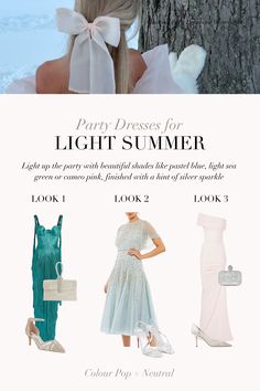 Light pastel, cool toned dresses for the Light Summer Colour Season, perfect for the festive season! Light Summer Color Palette, True Spring, True Winter, Summer Color Palette, Deep Autumn, Seasonal Color Analysis, Dark Autumn, Bright Winter, Bright Spring