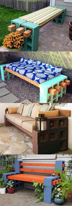 several different types of outdoor furniture made out of pallet wood and painted in various colors