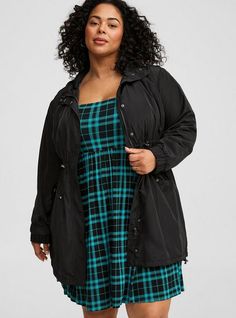 FIT Model is 5'10” wearing size 1. . Measures 38” from shoulder (size 2). Longline silhouette. . MATERIALS + CARE 100% polyester. Machine wash cold. Line dry. . Imported. . DETAILS Hooded neckline. . Front zip. Long sleeves. . Wind and water resistant. . Fur lining. . The best plus size women's fur lined rain jacket jackets in deep black made of polyester. Torrid is your destination for cozy fall and winter clothes to keep you warm and comfortable. Black Hooded Jacket, Fitted Wedding Dress, Feel Pretty, Deep Black, Winter Clothes, Cozy Fall, Fur Jacket, Casual Jacket, Outerwear Jackets