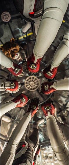 several pairs of red and white shoes are arranged in a circle