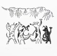 an ink drawing of some animals dancing together