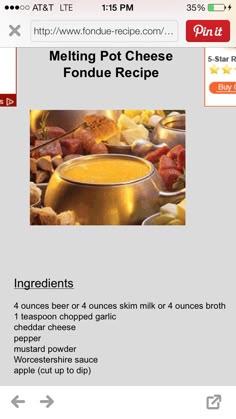 the recipe for melting pot cheese fondue recipe is shown on an iphone screen,