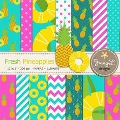 fresh pineapples digital paper pack with different patterns and colors, including pink, blue,