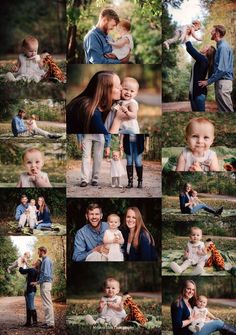 a collage of family photos in the woods