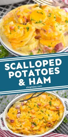 two plates of scalloped potatoes and ham with text overlay that says scalloped potatoes and ham