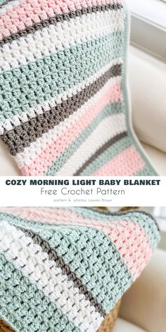 a crocheted blanket that is on top of a chair with the words cozy morning light baby blanket