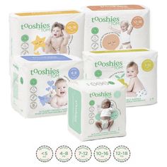 four packs of baby diapers with different sizes and colors