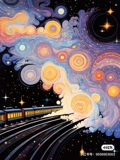 an image of a train traveling through the night sky with stars and clouds above it