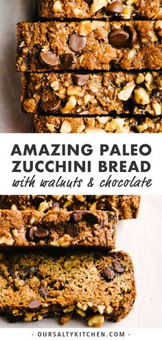 chocolate chip zucchini bread with walnuts and chocolate chips is stacked on top of each other