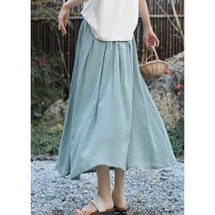 Retro High Waist Casual Skirt Fabric: 55% Ramie+45% Cotton Lining: 100% Rayon Size: S, M, Multiple Color Selections: Pine Green  Season: Spring, Fall, Summer Spring Relaxed Fit Full Maxi Skirt, Solid Cotton Pleated Skirt For Summer, Spring Full Maxi Skirt Relaxed Fit, Relaxed Fit Maxi Skirt For Summer Day Out, Casual Blue Pleated Midi Skirt, Casual Spring Full Skirt Bottoms, Long Skirt With Pockets For Spring, Spring Day Out Maxi Skirt With Relaxed Fit, Cotton Pleated Skirt For Spring