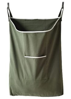 a green laundry hamper hanging from the side with two pockets on each side and one pocket at the top