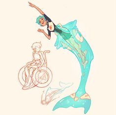 a drawing of a woman riding a bike next to a dolphin