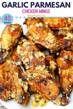 grilled chicken wings with garlic parmesan on top and text overlay that reads, how to make garlic parmesan chicken wings