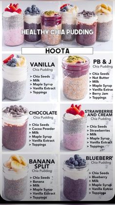 chia pudding in jars with different toppings and ingredients to make it look like they are