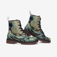 The Great Wave off kanagawa - Hokusai- Lace up Vegan Boots with Rubber Sole - ukiyo-e Fine Art  - Casual Lightweight boots - Free Shipping! For Sale, a beautiful pair of vegan leather boots printed over with "The Great Wave off kanagawa" by artist Hokusai.  "All over Print design twisted out of shape for better representation". * Made of Vegan Leather. * Lace-up combat boot featuring rubber sole. * Padded collar for added comfort, wearing soft and comfortable. * Wide Fit * Perfect for everyday wearing and to show a unique sense of style. Our Shoes is Made to Order and well-crafted by our manufacturer.  Please read attached Picture for Size Guide carefully Before buying** * US Delivery Time: 2 - 3 Weeks * International Delivery Time: 2 - 4 Weeks Tracking: We will email tracking number after Lightweight Boots, Vegan Leather Boots, The Great Wave, Great Wave Off Kanagawa, Vegan Boots, Lace Up Combat Boots, Ukiyo E, Boot Print, Great Wave