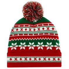 a red, green and white knitted hat with pom - pom on top