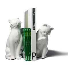 two white ceramic cats sitting next to each other in front of a bookshelf