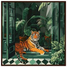 a painting of a tiger laying on the ground in front of some plants and potted plants