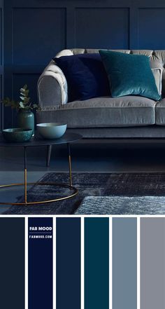 a living room filled with furniture and blue color swatches on the walls, along with a coffee table