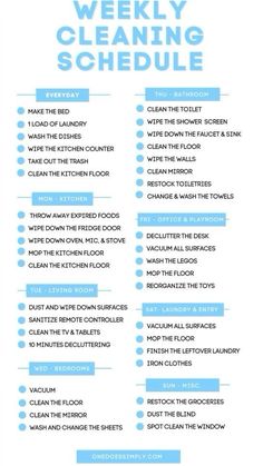 a blue and white checklist with the words weekly cleaning schedule written in bold font