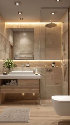 a modern bathroom with wooden flooring and beige walls, along with a white bathtub