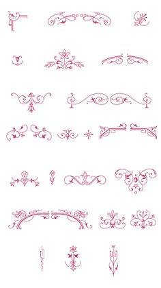 a set of ornate design elements in red ink on white paper, including scrolls and flowers