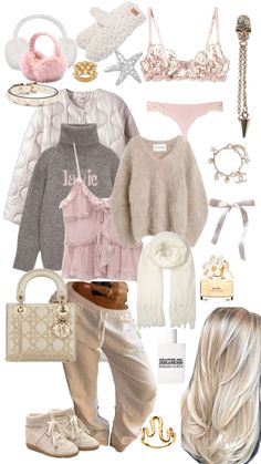 a collage of clothes and accessories including shoes, handbags, purses and hair