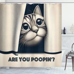 a shower curtain with an image of a cat peeking out from behind the curtain that says are you poopin?