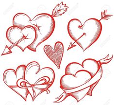 hearts with arrows and bows drawn in red ink on white paper stock photo - 5479