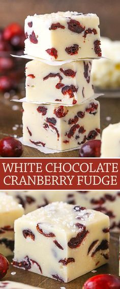 white chocolate cranberry fudge is stacked on top of each other