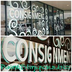 two different images of the front and side of a building with signs on it that say consignment