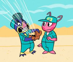 two cartoon characters are in the desert one is holding a kite and the other is wearing a hat