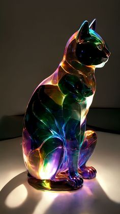 a colorful glass cat sitting on top of a white table next to a shadow cast wall