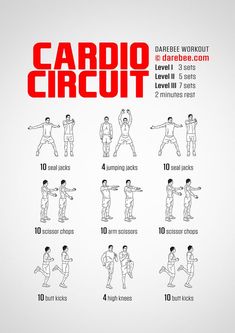 the cardio circuit workout poster shows how to do it in 10 minutes or less