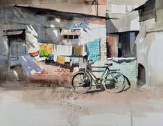 a painting of a bicycle parked in front of a building