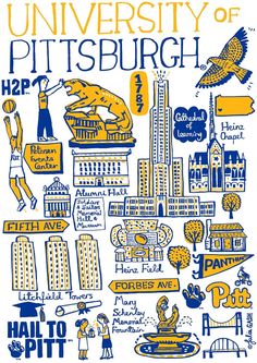 the university of pittsburgh poster is shown in blue and yellow